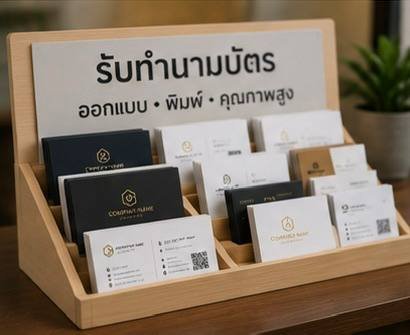 ตัวอย่างนามบัตรหลายแบบจัดแสดงบนโต๊ะ